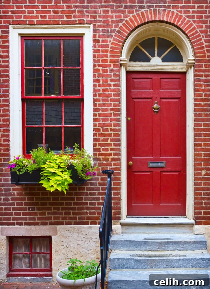 Vibrant red front door on the exterior of a property, creating a striking visual statement against a neutral facade.