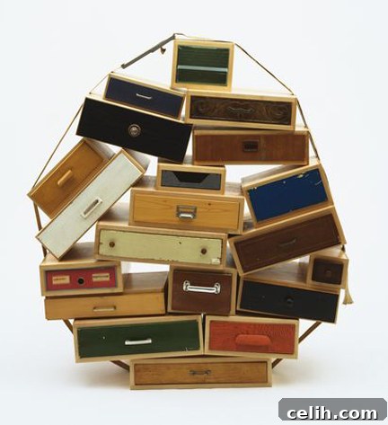 Tejo Remy's Recycled Chest of Drawers Tejo Remy's iconic 'You Can't Lay Down Your Memory' chest of drawers, an example of avant-garde recycled design featuring multiple reclaimed drawers bound by a strap.
