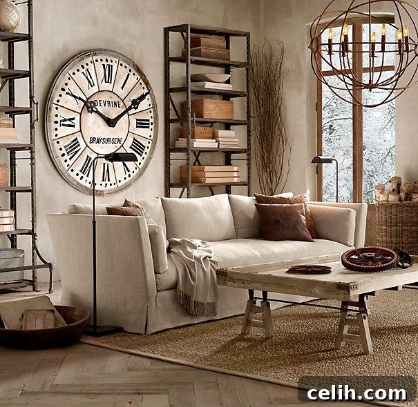 Industrial style living room with open oak shelves
