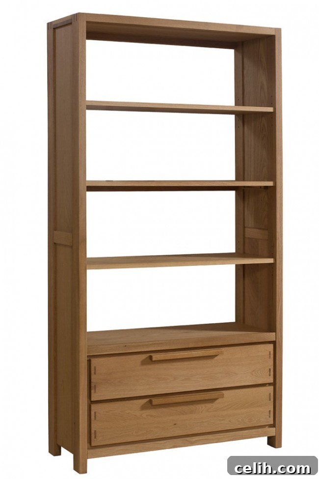 Matrix collection solid oak wood wide bookcase for industrial style