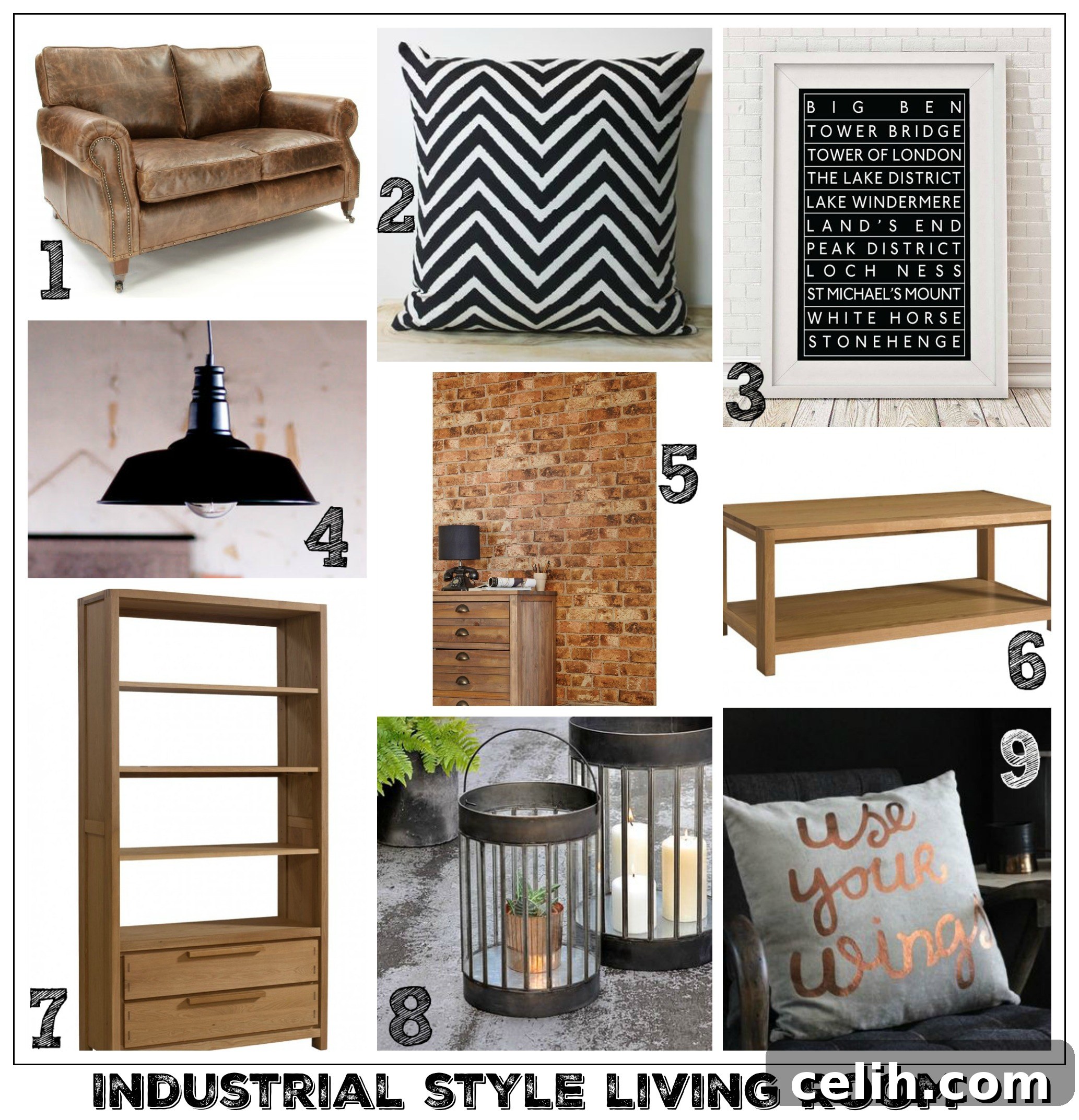 Industrial style living room idea with oak furniture