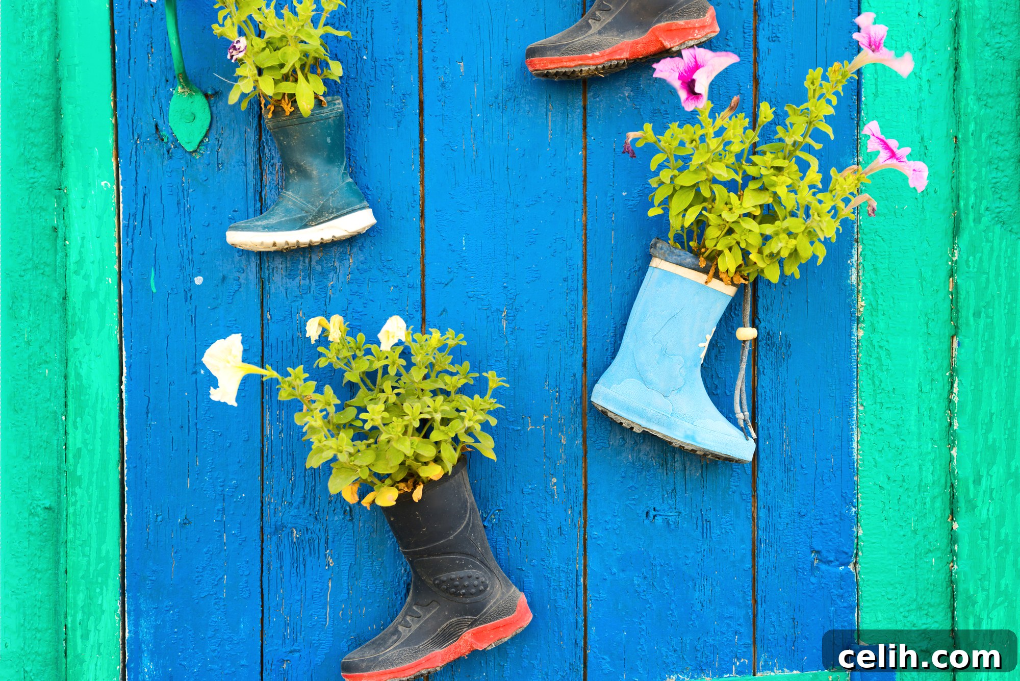 These upcycled boots make quirky outdoor wall planters that are sure to be a talking point