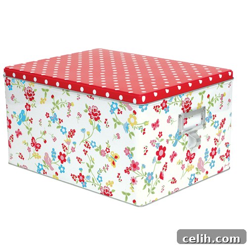 Elegant Berry Red Large Molly Tin - White Base with Floral Pattern and Polka Dot Lid