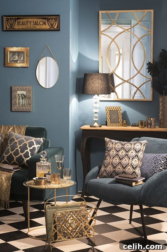 Art deco home inspiration from Maisons du Monde showcasing a luxurious and symmetrical living space with elegant furniture and metallic accents.