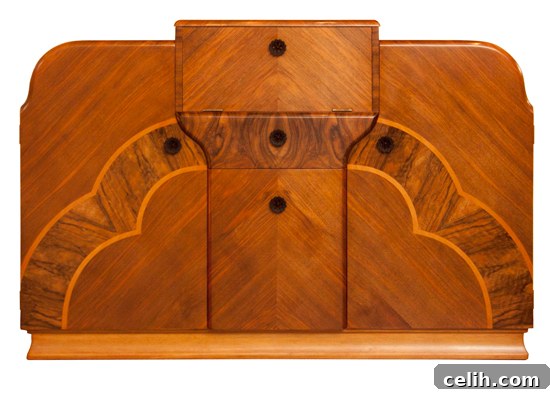 Art Deco design cocktail cabinet sold by The Old Cinema, showcasing intricate detailing and a classic mirrored finish, perfect for sophisticated entertaining.