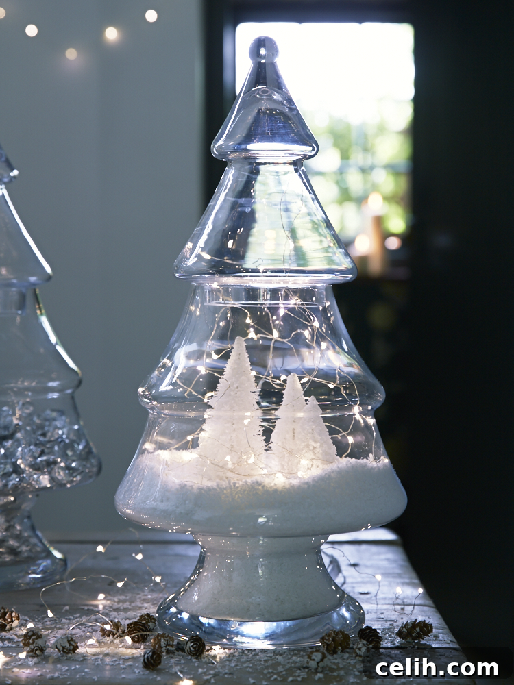 Effortless Seasonal Sparkle: Your Glass Christmas Tree Jar Display 7 Glass Christmas tree jar styled with mini white trees and a snowy scene inside
