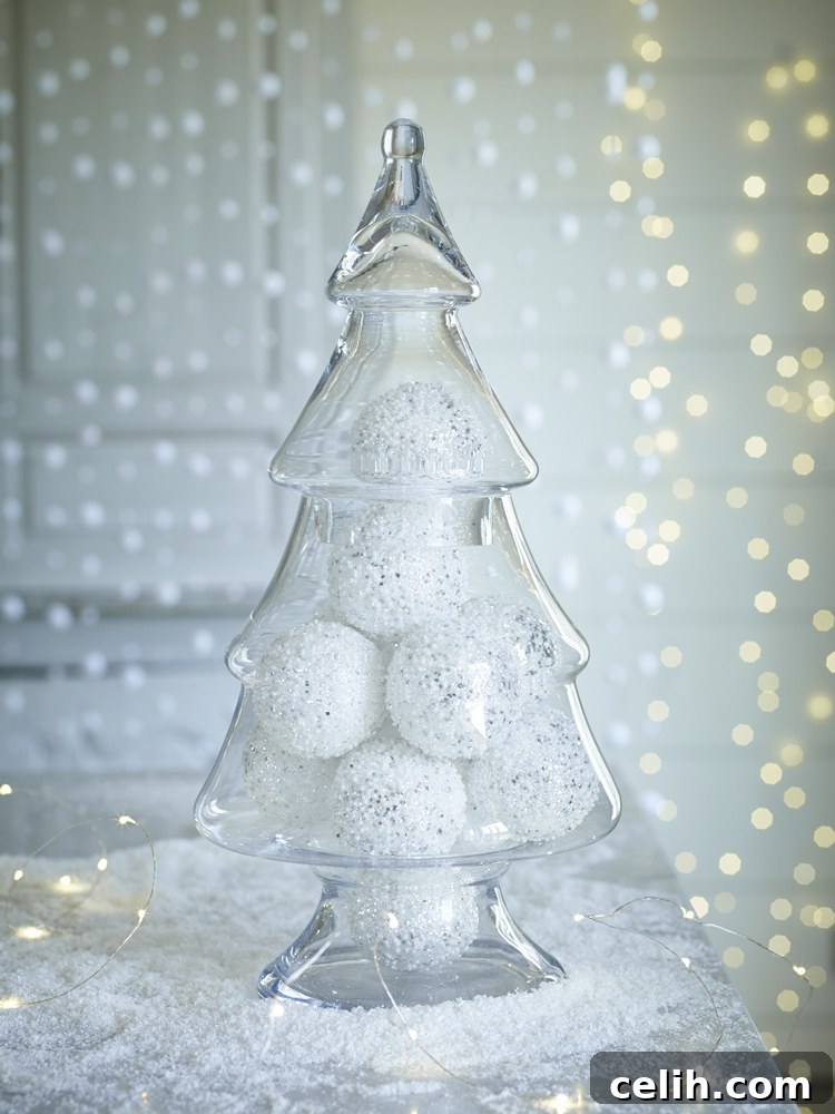 Effortless Seasonal Sparkle: Your Glass Christmas Tree Jar Display 8 Glass Christmas tree jar filled with white sparkly baubles
