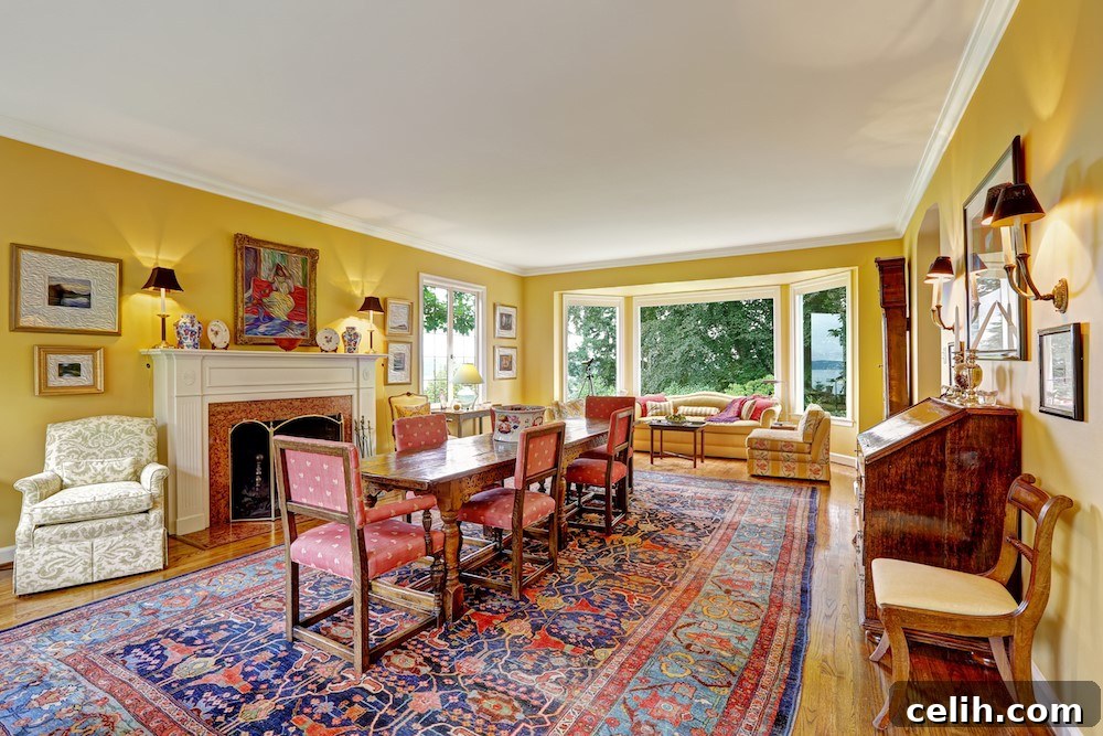 This huge oriental rug on the floor brings this interior design scheme together
