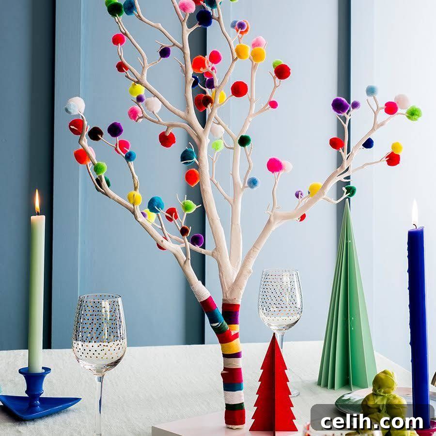 Love this unusual pom pom Christmas tree! Such a gorgeous splash of colour.