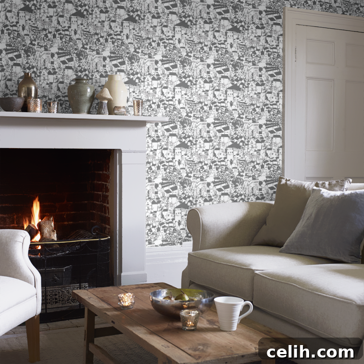 Love this quirky monochrome wallpaper - so much going on and so many things to spot in this captivating cityscape!