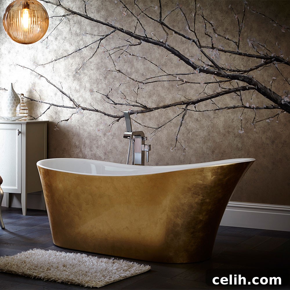 Wow, what a stunning metallic gold bath! This Heritage Holywell freestanding acrylic bath offers luxury without the weight of cast iron, ideal for modern bathrooms seeking glamour.