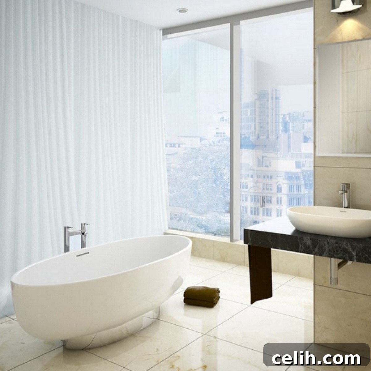 A luxurious Clearwater Puro modern freestanding bath made from natural stone, resting elegantly on a sleek chrome plinth for a sophisticated and serene bathing experience.