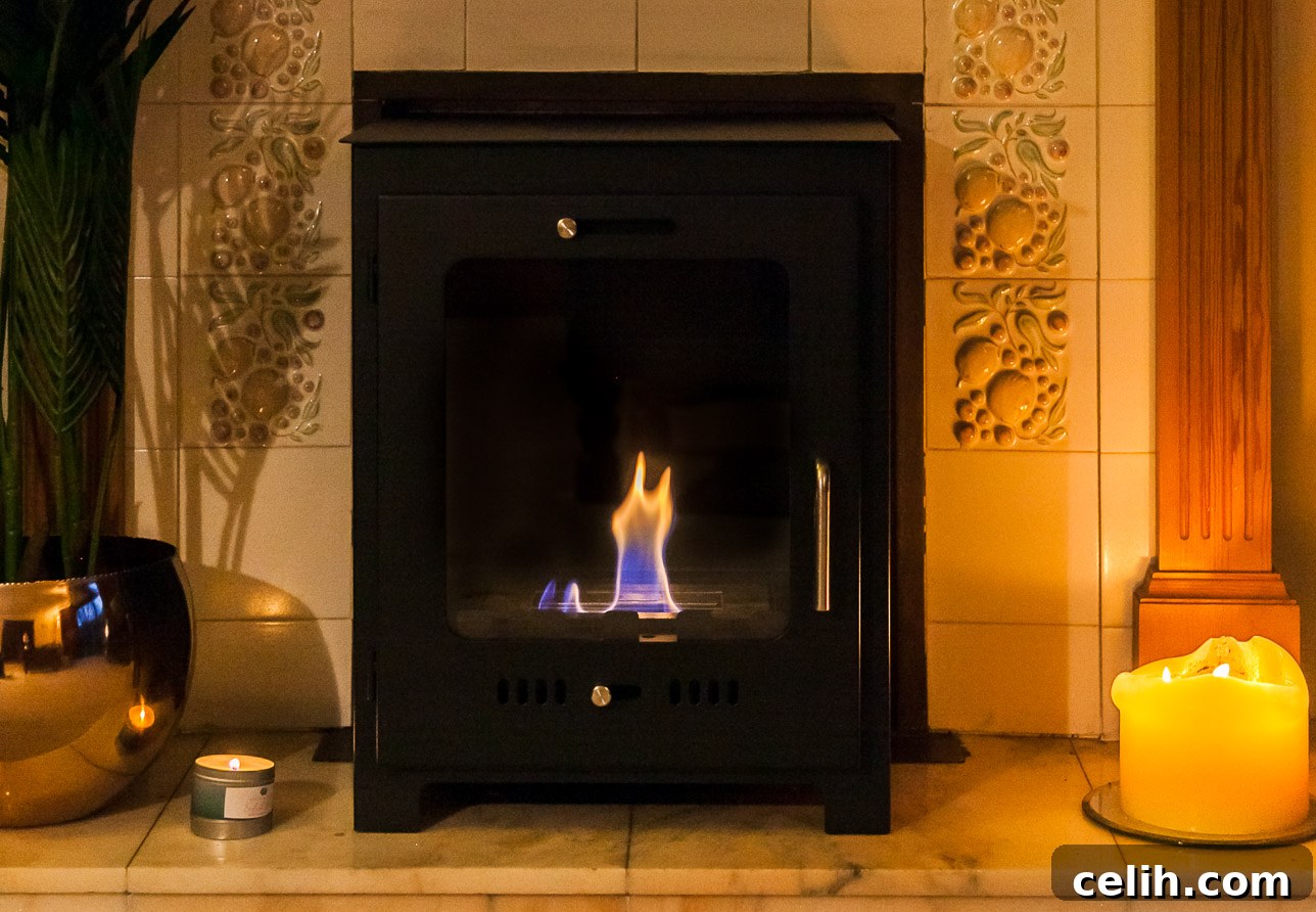 Experience the warmth and charm of an eco-friendly bioethanol fire – a hassle-free alternative to traditional log burners, no installation needed.