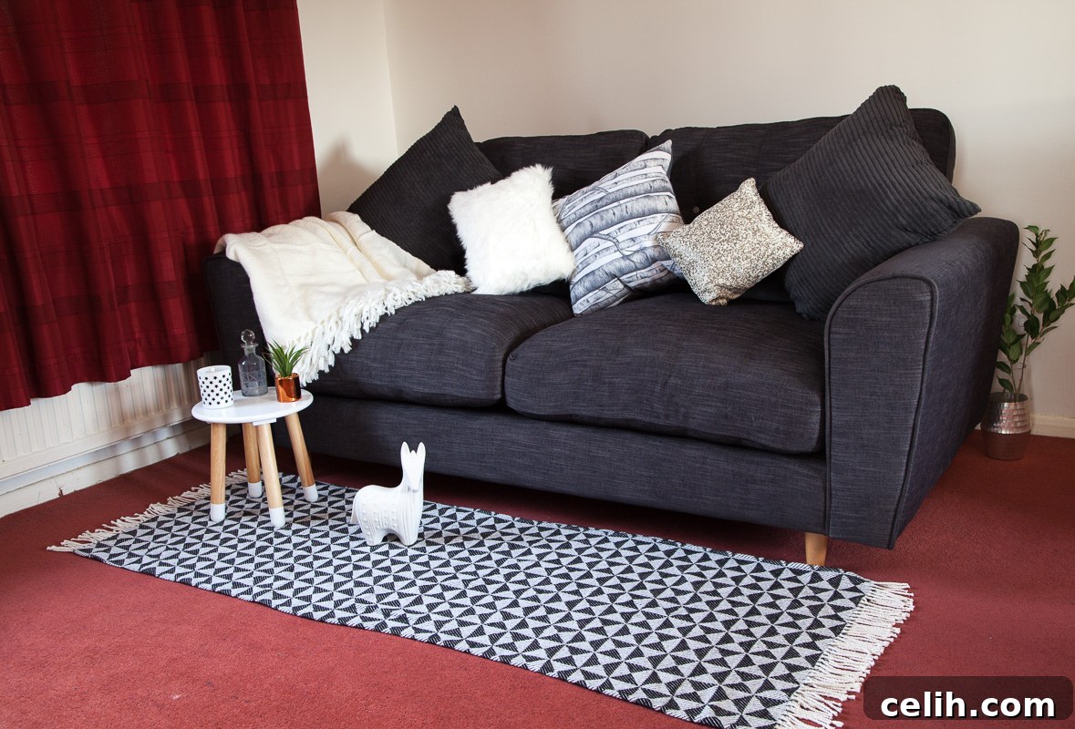 Cosy sofa styling idea for a charcoal sofa, showcasing comfort and modern aesthetics