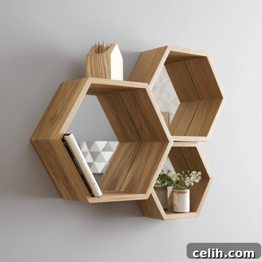 Love these hexagon design shelves with mirrored backs