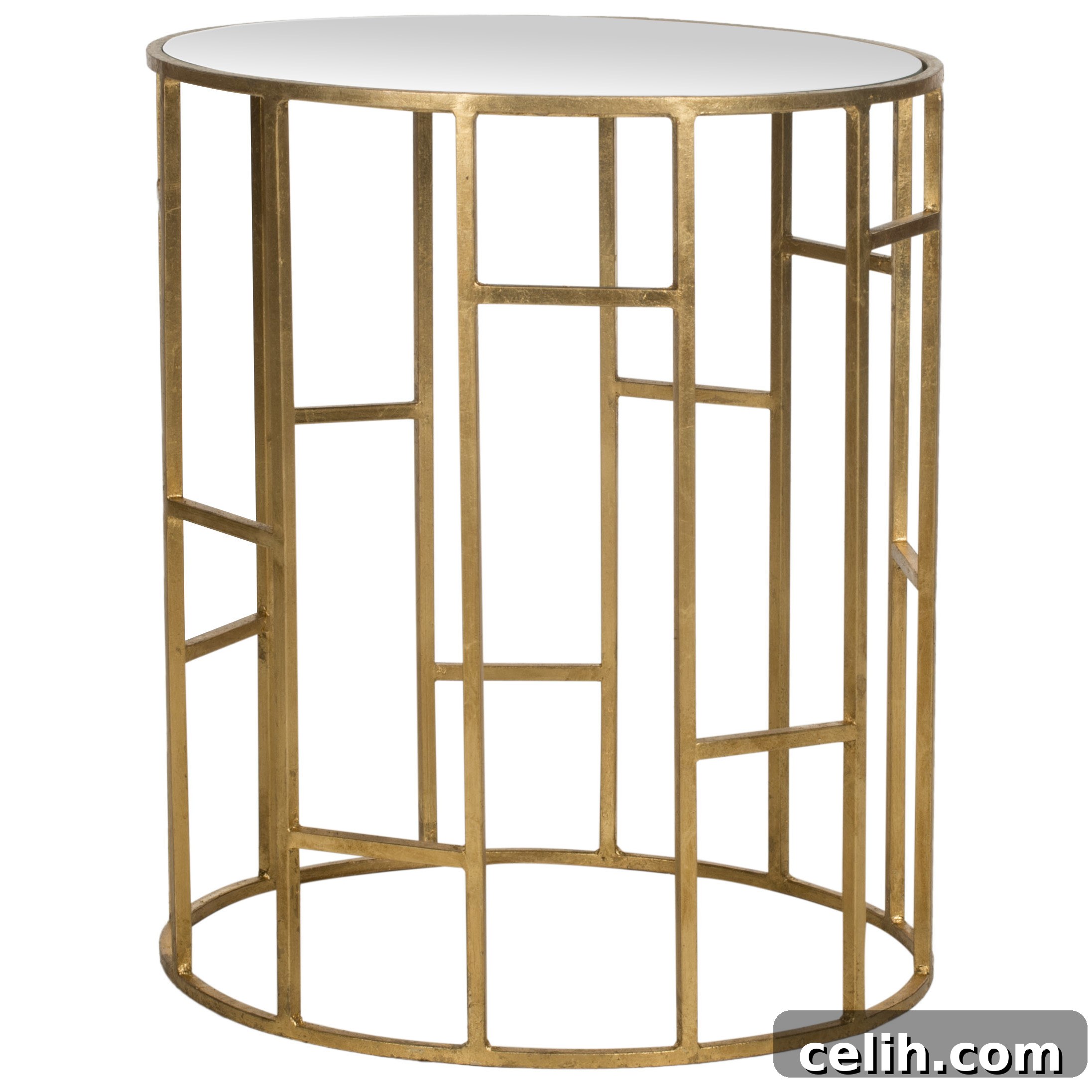 A stunning gold geometric base side table by Safavieh featuring a reflective mirrored top, perfectly embodying modern elegance