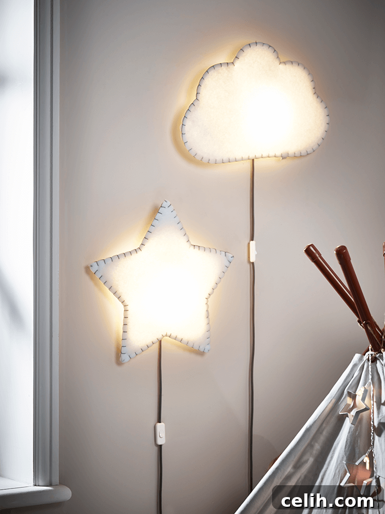 Whimsical cloud and star design wall lights adding character to a child's room or playful space