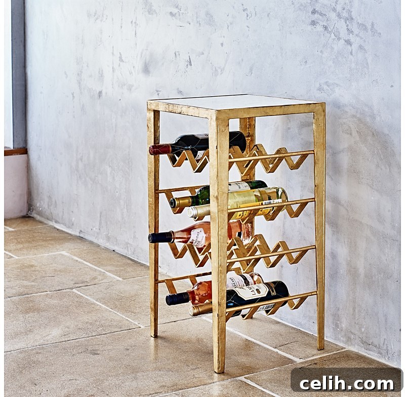 A beautifully designed gold table with marble top that doubles up as a wine rack. The perfect piece for small space. 