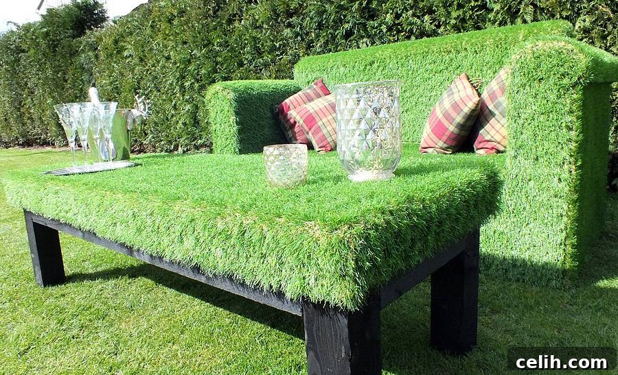 Super quirky and unusual outdoor garden sofa made from artificial grass! A revolutionary design for contemporary outdoor living spaces.