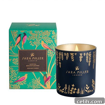 Stunning white tea, bergamot and mint candle from Sara Miller London. Adorable packaging design!