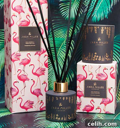 Gorgeous pink flamingo design packaging on these home fragrance products from Sara Miller London