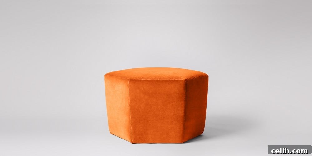 Fun and zingy Hagen hexagonal footstool ottoman in a lovely velvet upholstery