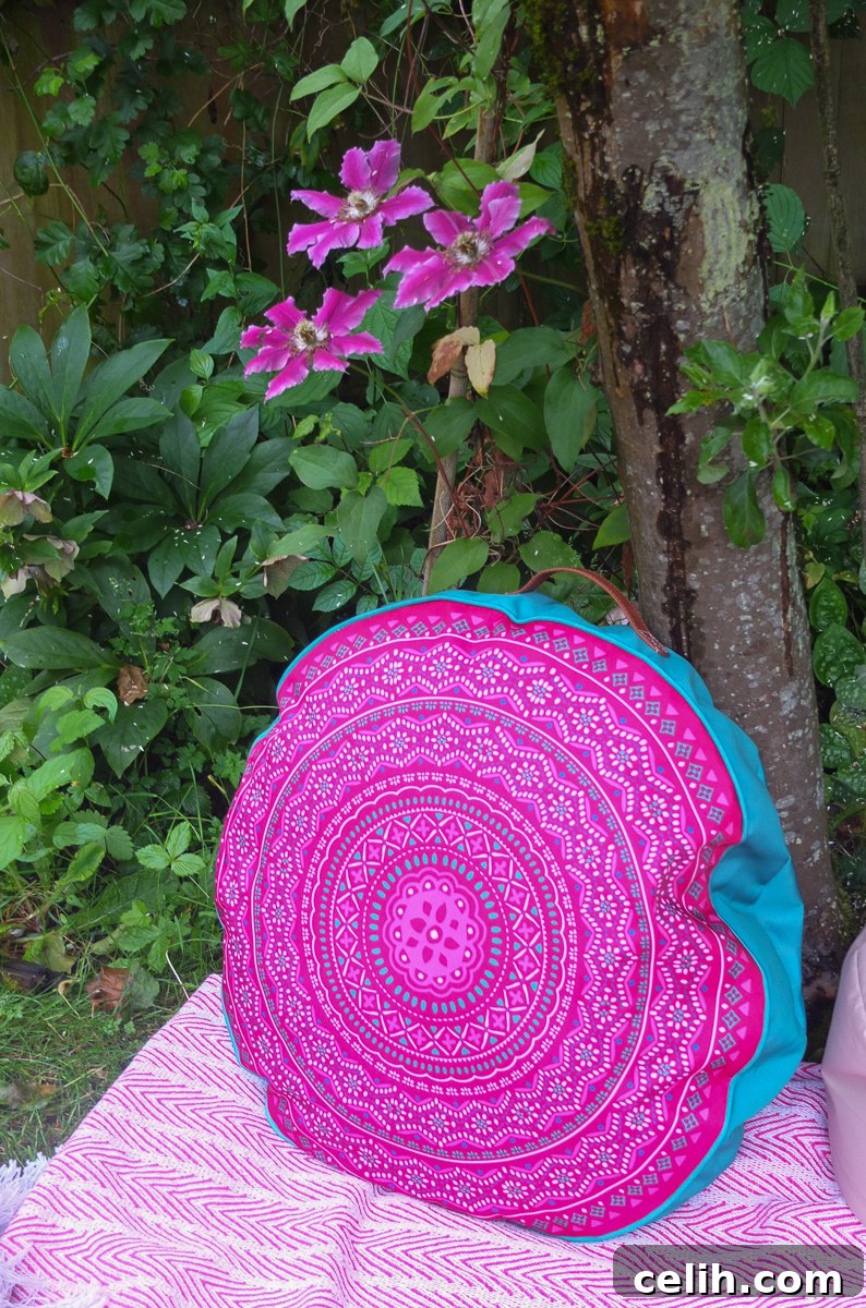 Love this big round boho style outdoor cushion with a handle - can't believe the price and quality!