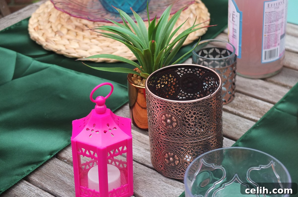 Add tealight holders, candles, and lanterns to an outside table for evening alfresco dining ambiance.
