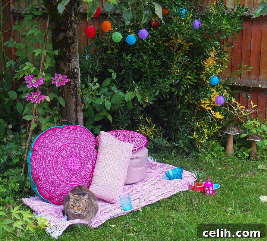 Create a comfy boho style chill out zone in your garden with affordable high street buys and cozy cushions.