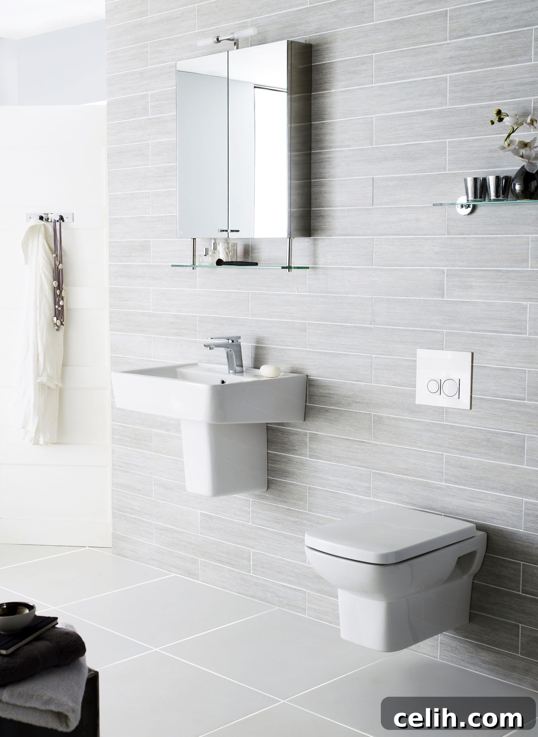 8 Fresh Ideas for a Contemporary Bathroom Makeover 3 Gorgeous sleek contemporary bathroom design with a minimal wall-hung basin sink and modern fixtures