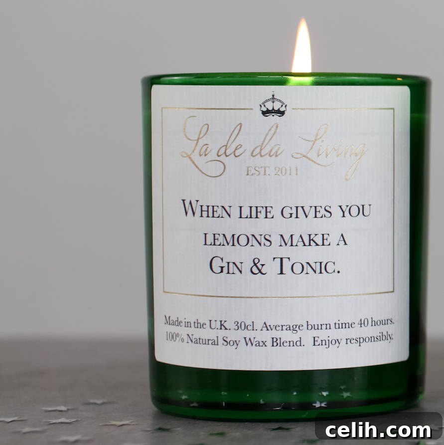 Luxury gin and tonic natural soy wax candle, for true fans of G&T, providing up to 40 hours of aromatic pleasure