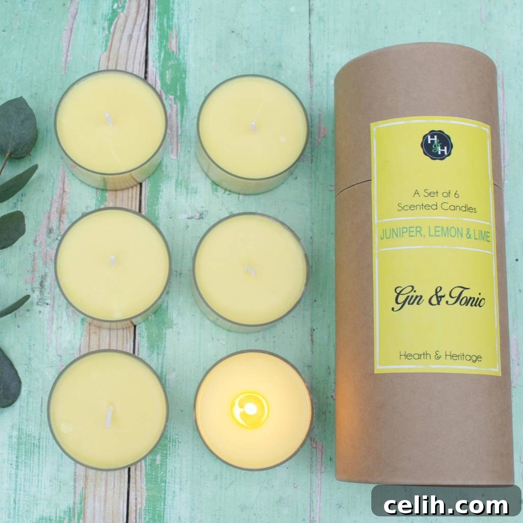 Indulge in the refreshing scent of gin and tonic throughout your home with this charming set of six G&T scented candles