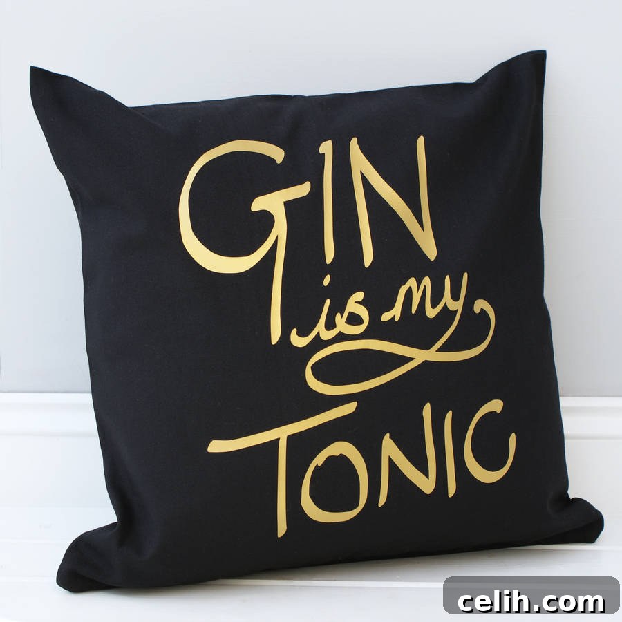 Fun and quirky 'Gin is my Tonic' cushion with elegant gold lettering, perfect for adding personality to any living space