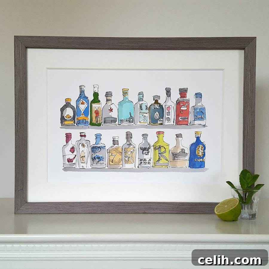 Limited edition gin bottle hand-drawn and illustrated print by Chris Gent Illustration, celebrating the vast variety of gins