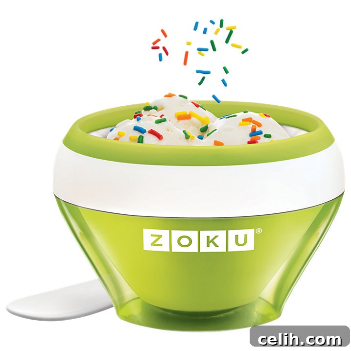 The Zoku Super Quick Ice Cream Maker, renowned for creating delicious homemade frozen desserts like ice cream, sorbet, and frozen yogurt in just 10 minutes, making it perfect for quick indulgence.