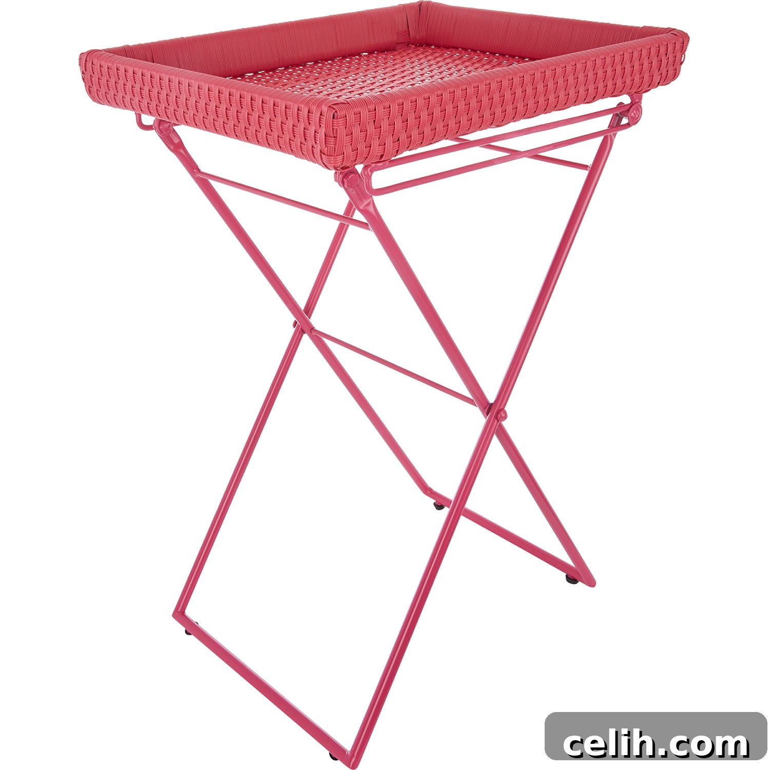 Pink woven tray style side table with removable top and folding legs - store it easily when not in use, offering practical elegance.