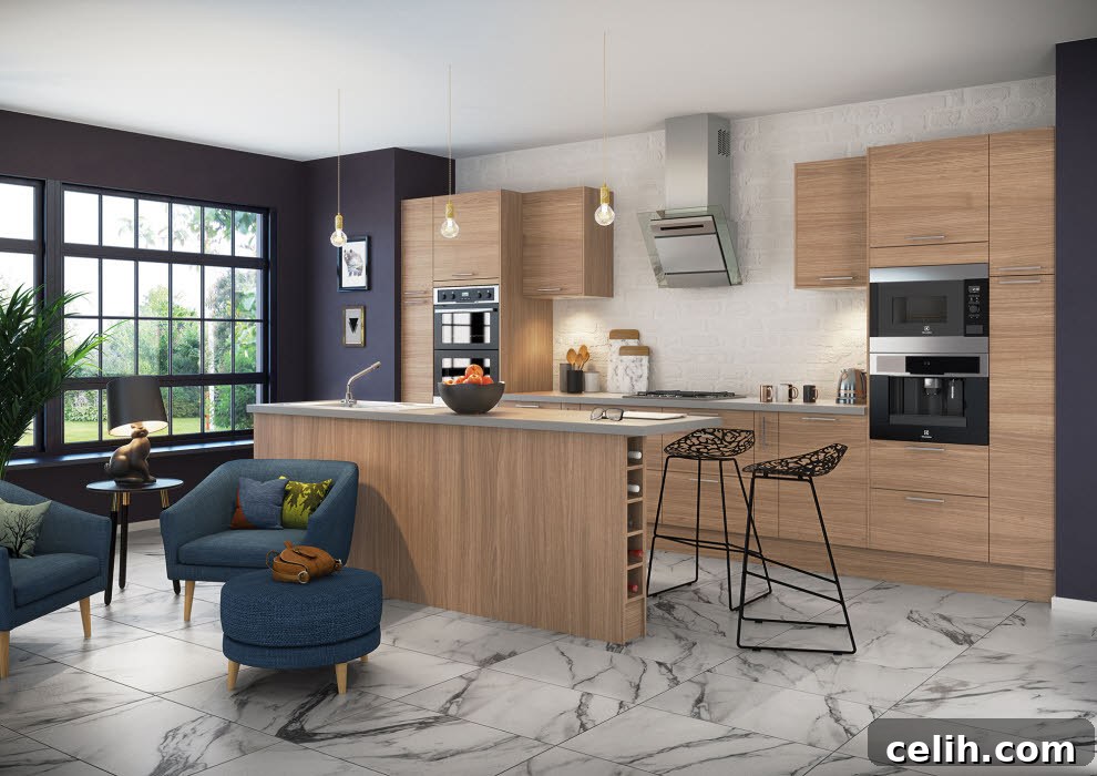 Contemporary alpine oak design kitchen from Magnet, displayed on a large touchscreen in the showroom.