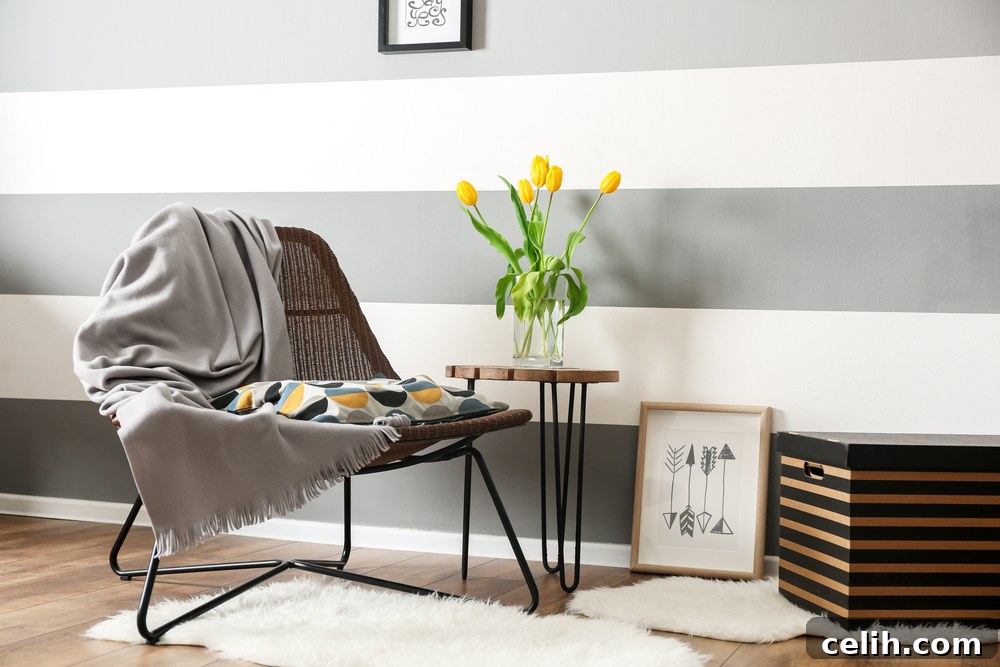 How to lengthen the look of a room by painting horizontal stripes, creating visual depth and width.