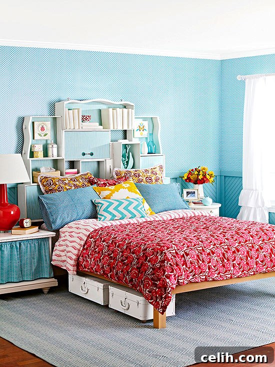 Clever handmade bedroom storage that also serves as a headboard
