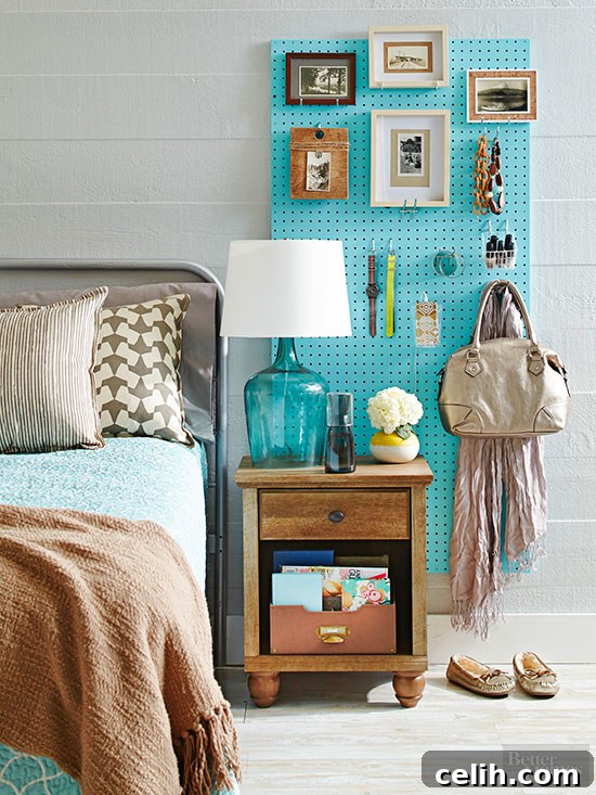 A very clever idea for bedroom storage, using a customisable pegboard