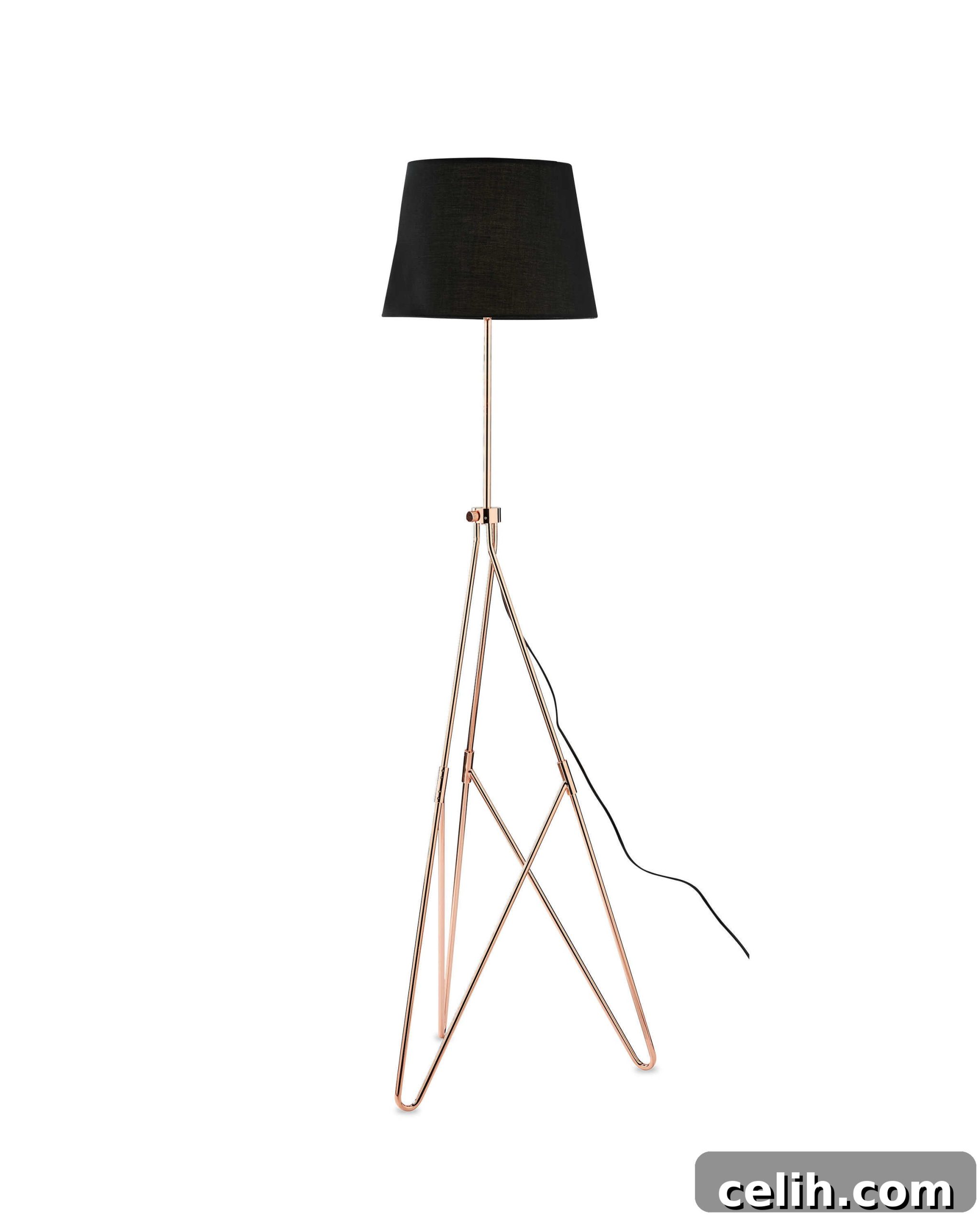 Stylish black and copper geometric design floor lamp, ideal for contemporary living rooms.