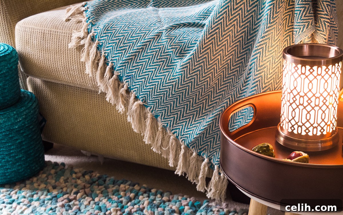 Layer a handwoven teal throw over your sofa or armchair to create a truly cozy living room ambiance for fall and winter