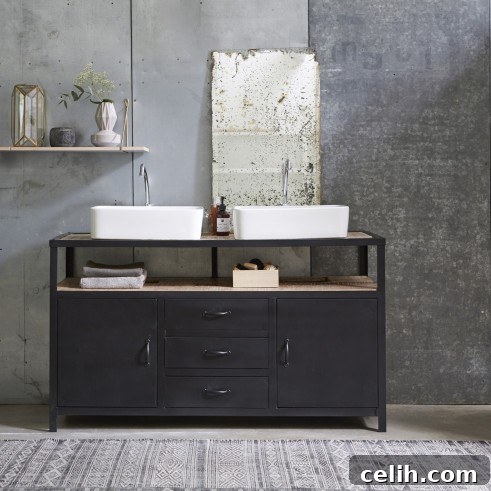Create an industrial style look in your bathroom with this robust solid wood and metal vanity cabinet, offering extensive storage.
