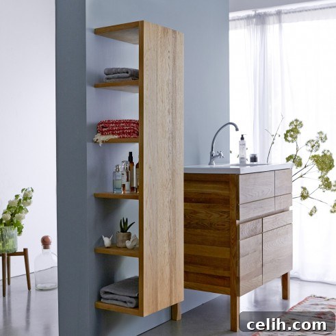 Lovely solid oak minimalist bathroom storage solution from Tikamoon, featuring hidden shelves for a clean aesthetic.