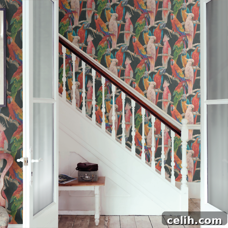 Love this gorgeously colourful parrot design wallpaper, perfect for a tropical accent wall
