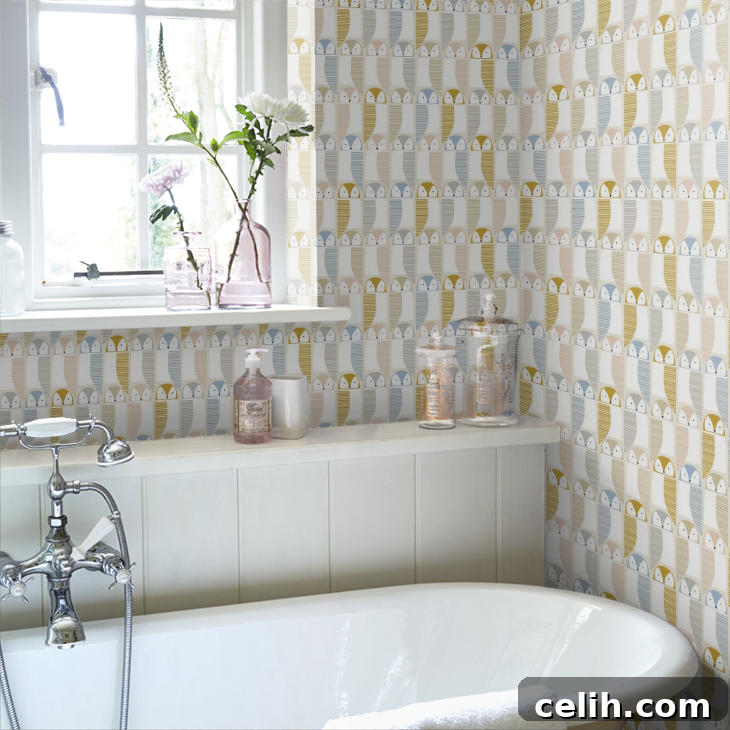 This geometric Barnie Owl wallpaper by Scion is a great addition to a stylish bathroom or child's room