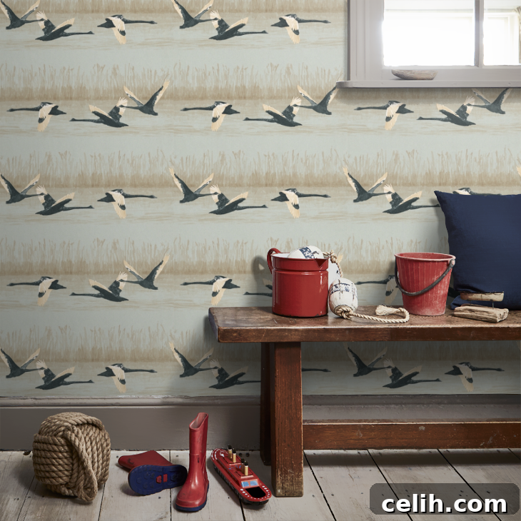 Decorate your walls with flying swans and bag a bargain on this elegant wallpaper, creating a calming atmosphere