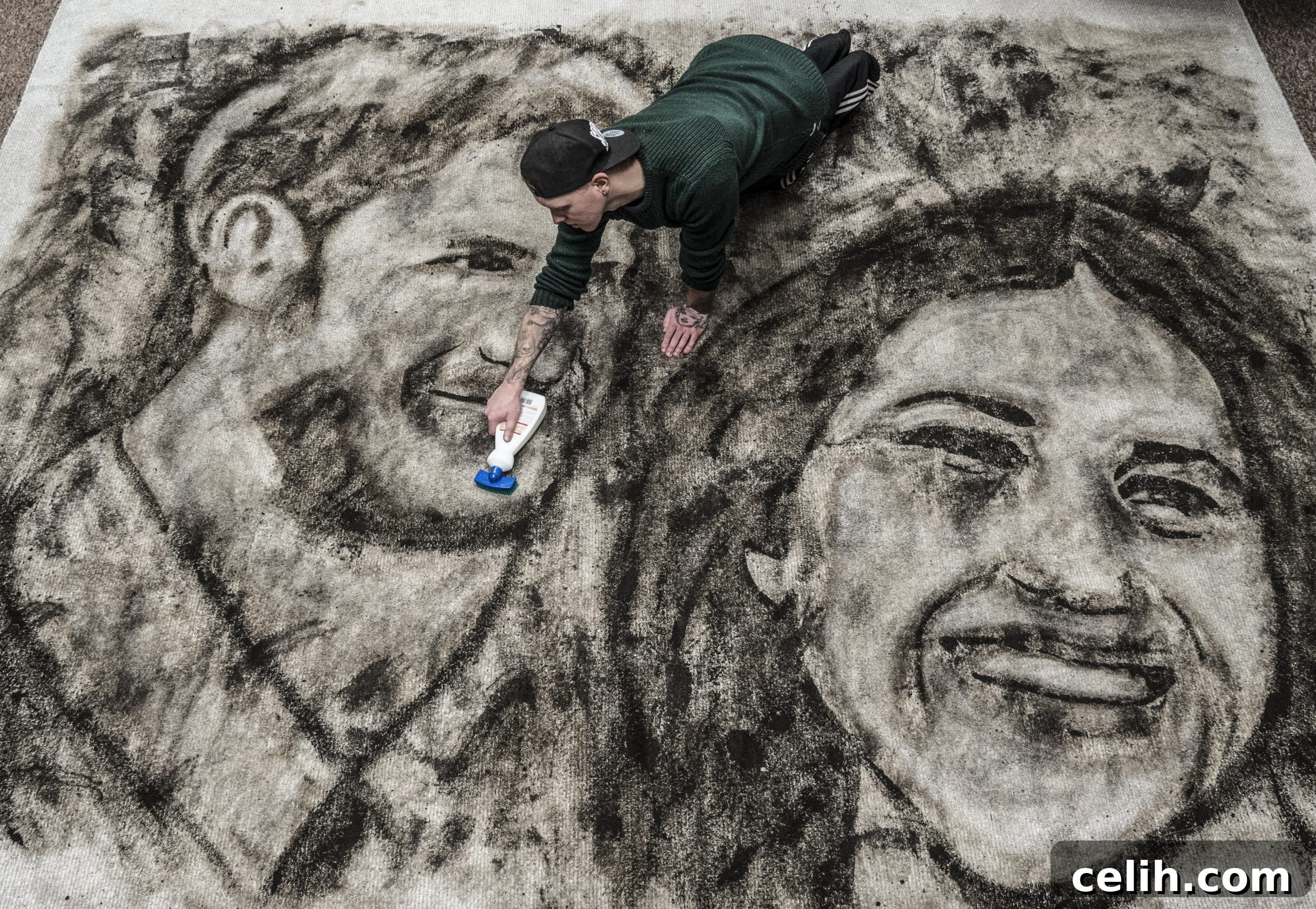 Nathan Wyburn's 'Love Cleans Up' portrait of Prince Harry and Meghan Markle made with carpet cleaner, showcasing its immense scale and clarity.