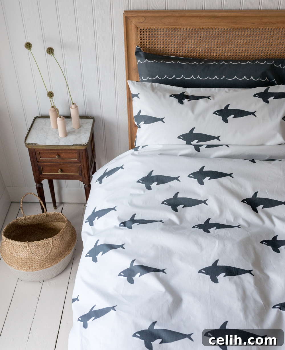 Stunning Orca sea life design bedding set from Anorak, showcasing elegant marine motifs