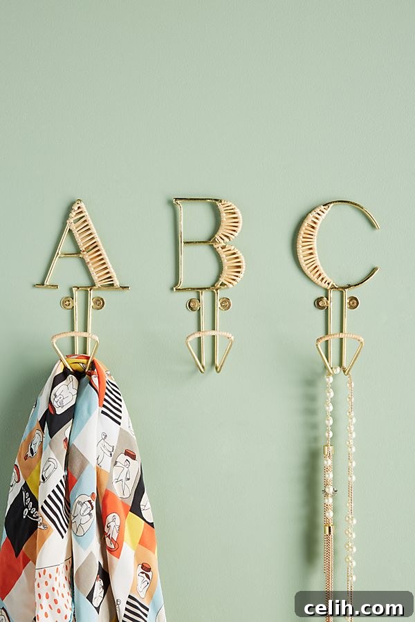 Stylish monogram brass effect wall hooks - use one on its own or spell our a word with several!